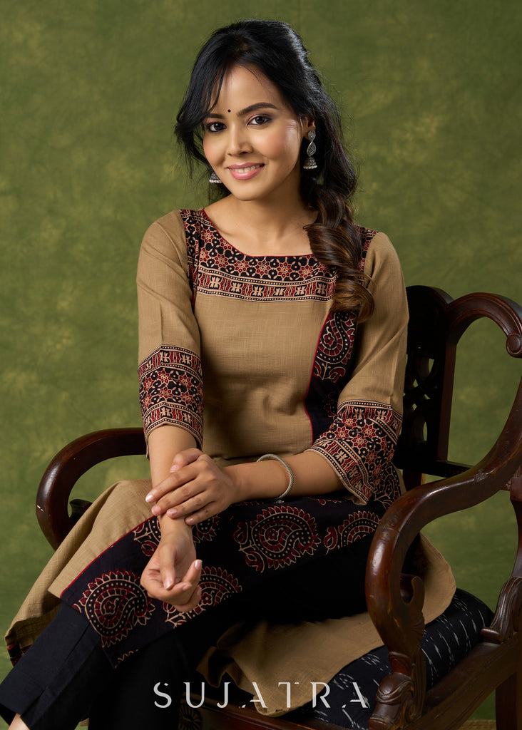 Elegant Cotton Ajrakh Combination Dark Beige Kurta - Pant Optional