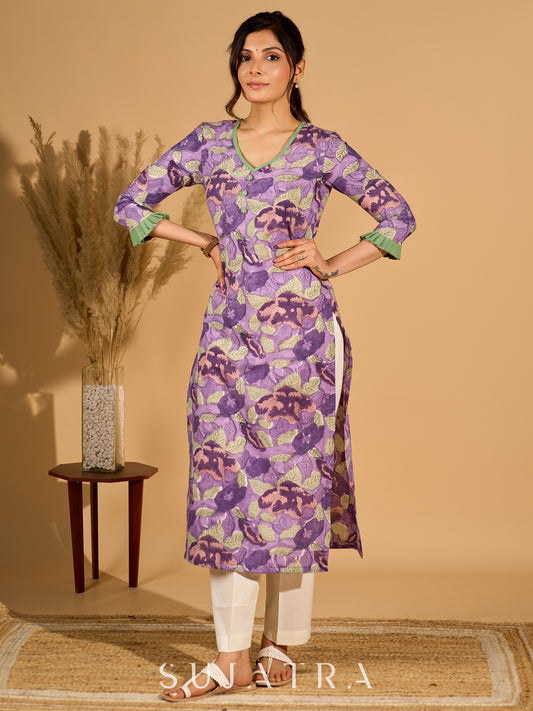 Lilac Grace Printed Mul Cotton Kurta with Contrast Green Touches