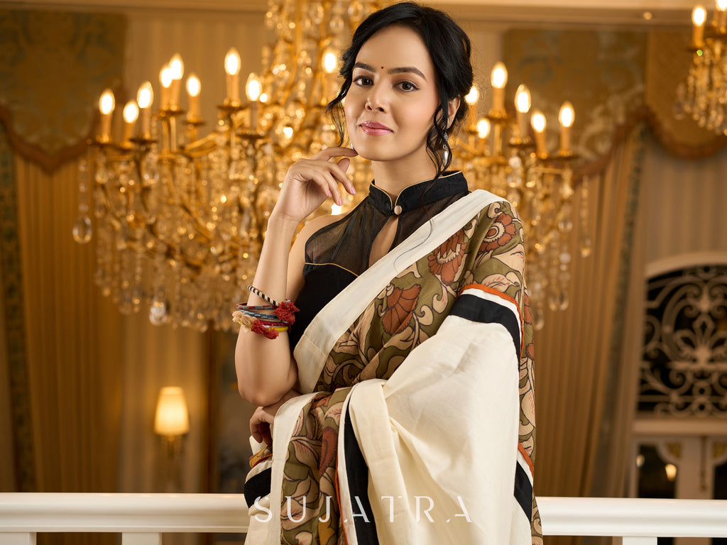 Elegant off white cotton saree with exclusive kalamkari combination