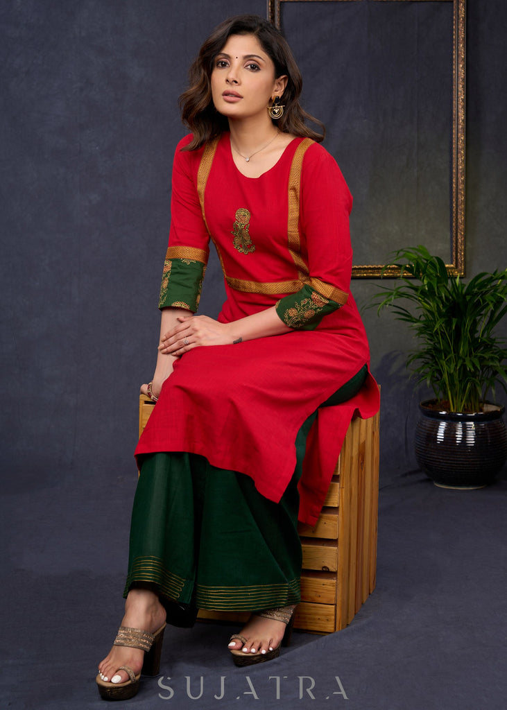 Graceful-Red-Cotton-Straight-Cut-Kurta-With-Ajrakh-Combination-Highlighted-With-Floral-Ajrakh-Applique-On-The-Yoke--Pant-Optional