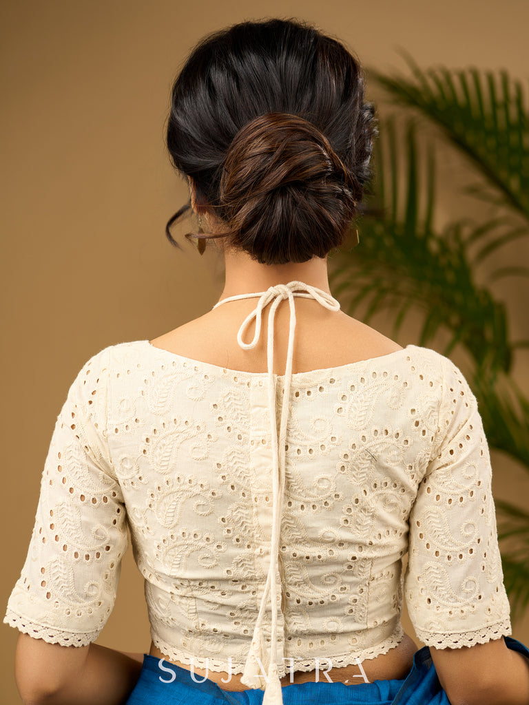 Elegant self design off white hakoba cotton blouse.
