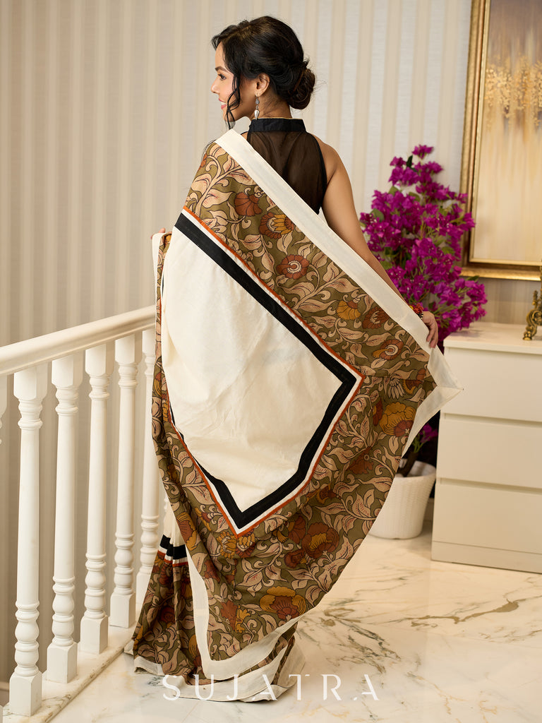 Elegant off white cotton saree with exclusive kalamkari combination