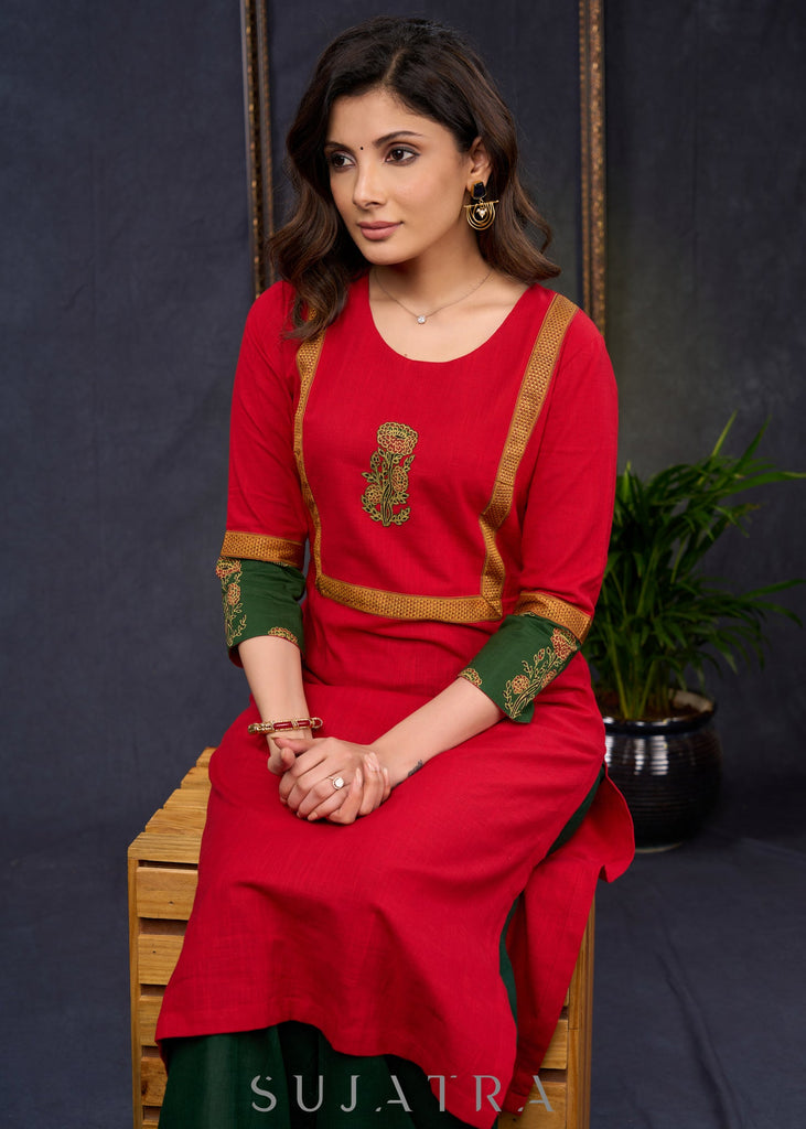 Graceful-Red-Cotton-Straight-Cut-Kurta-With-Ajrakh-Combination-Highlighted-With-Floral-Ajrakh-Applique-On-The-Yoke--Pant-Optional
