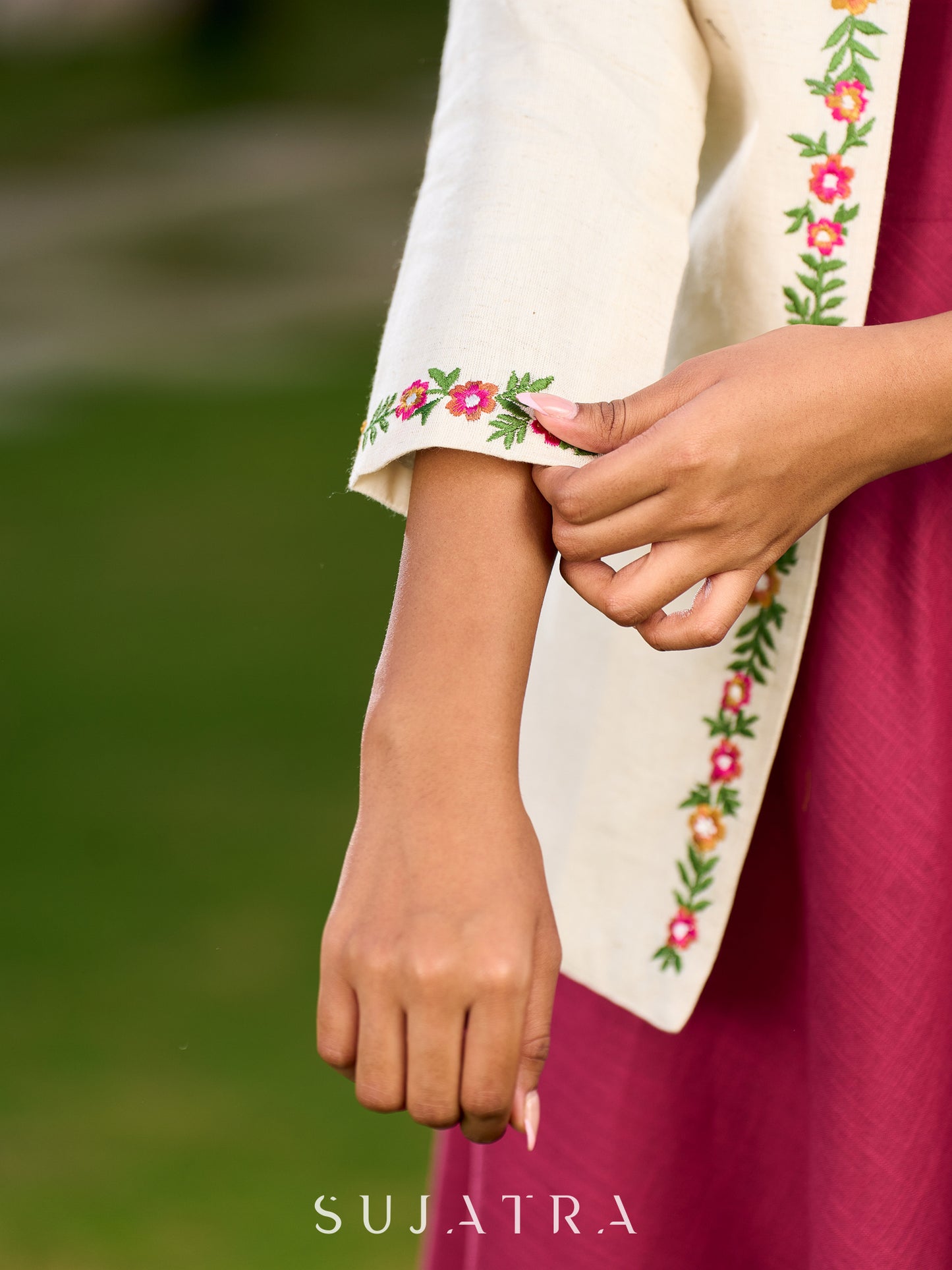 Off White Cotton Flex Open Front Jacket Adorned With Delicate Floral Embroidery On Neckline And Sleeves - Dress Optional