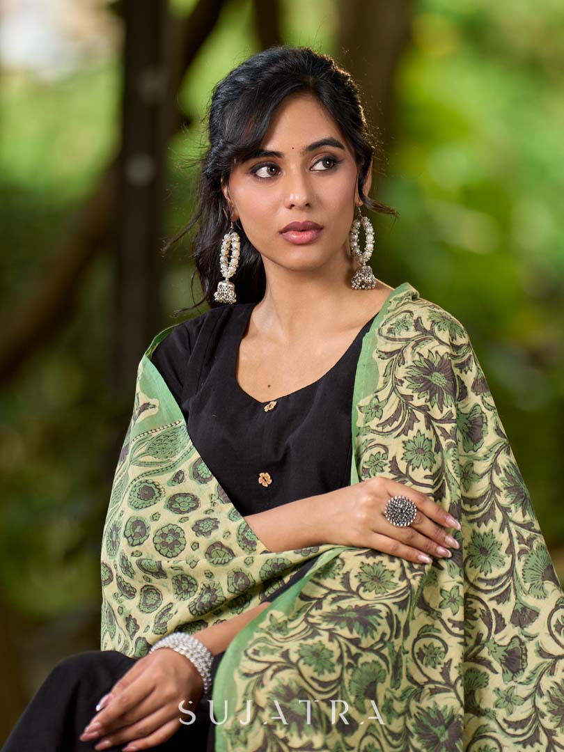 Refined Soft Sage Green Mul Cotton Dupatta in Traditional Print