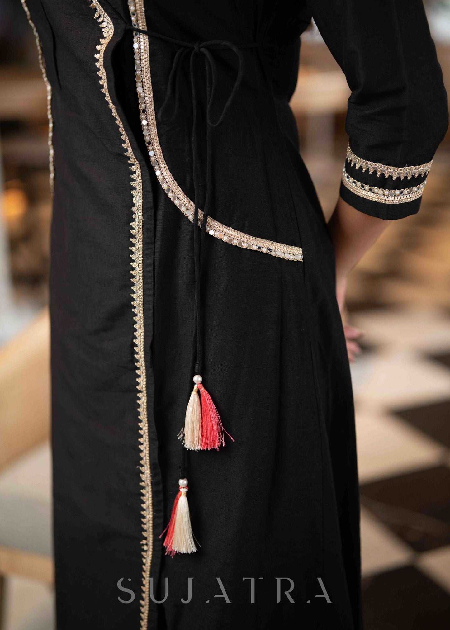 Exclusive Black Cotton Silk Kurta With All Over Lace Work & Side Dori - Pant Optional