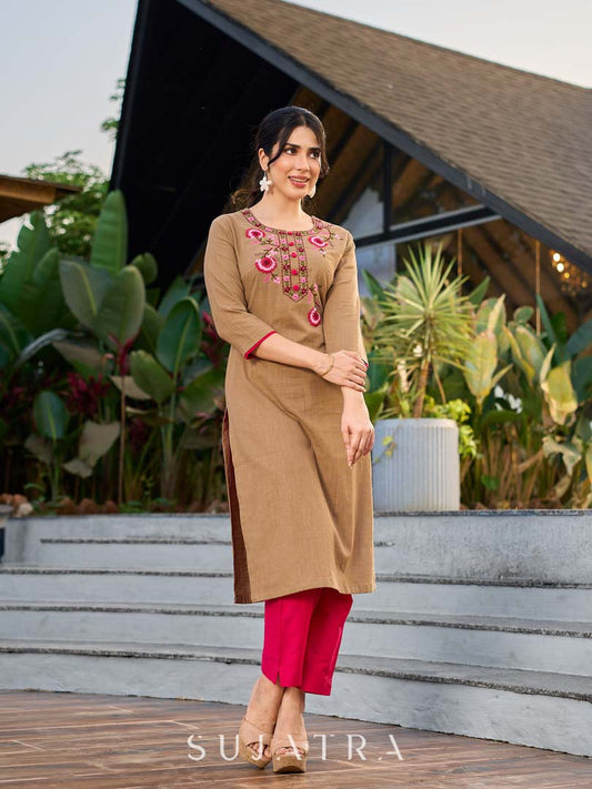 Sophisticated Beige Cotton Kurta Adorned with Contrasting Floral Thread Hand Embroidery