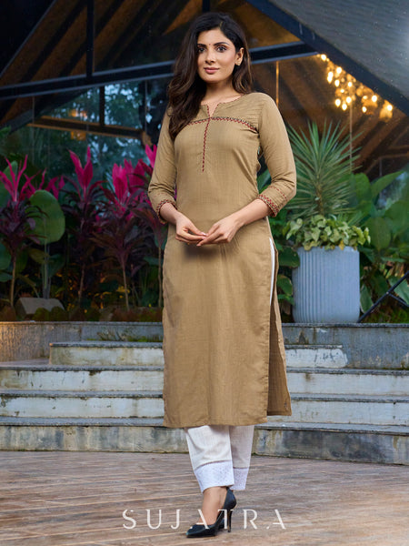 Hand-embroidered dark beige kurta featuring elegant pintuck detailing -pant optional