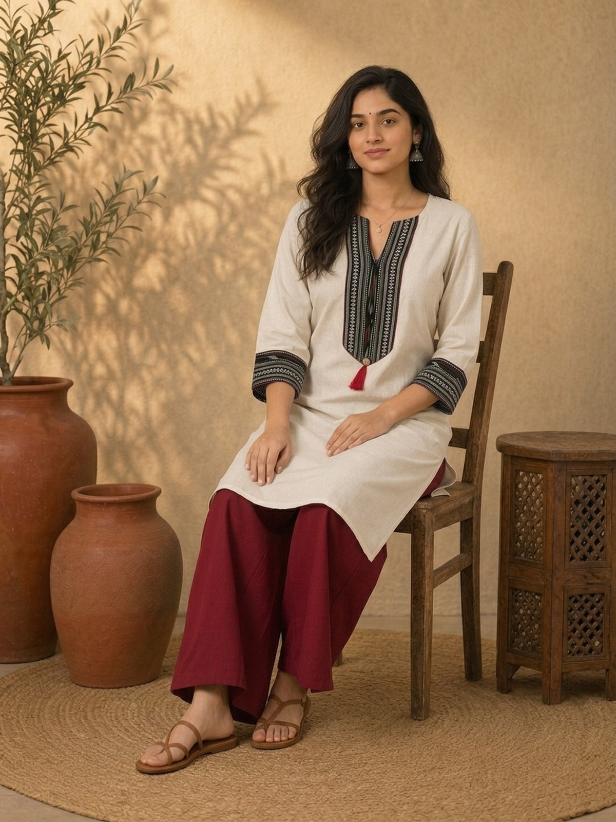 Sophisticated Off-White Cotton Kurta with Ikat Placket Border & Sleeve Band