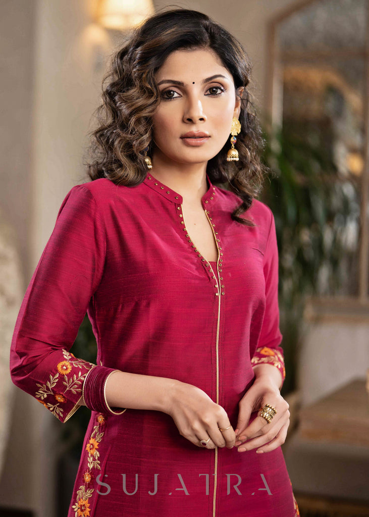 Beautiful Magenta Cotton Silk Pant &Kurta With Embroidery On Sides & Sleeves - Dupatta Optional