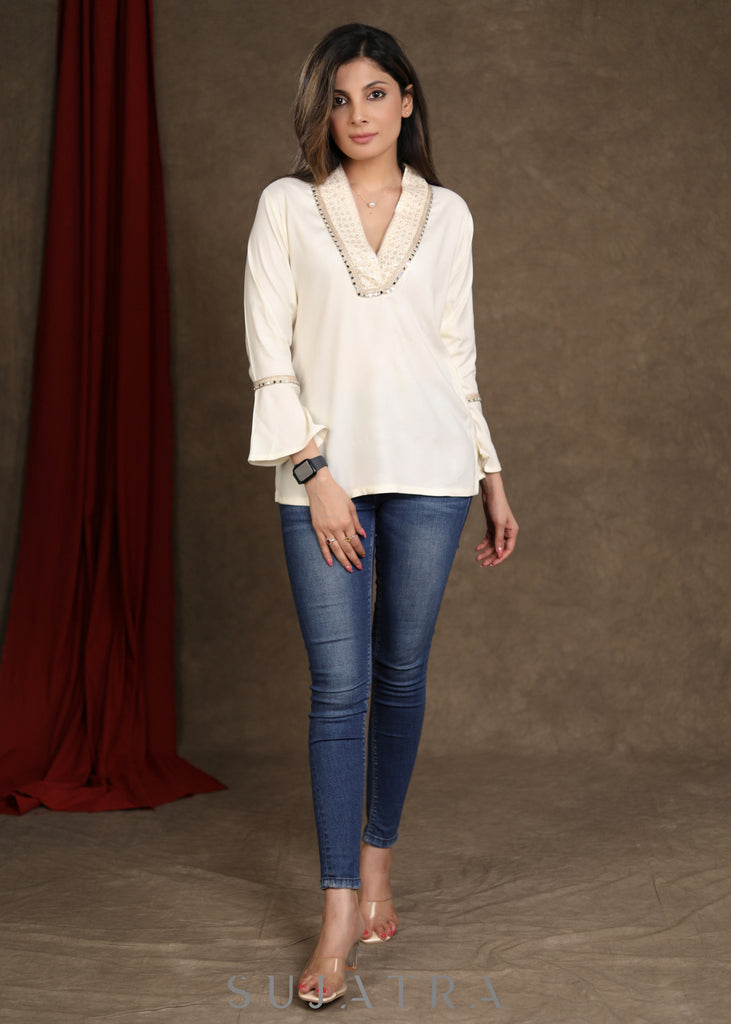Off White Rayon Occasion Wear Top with Bell Sleeves & lace detaling