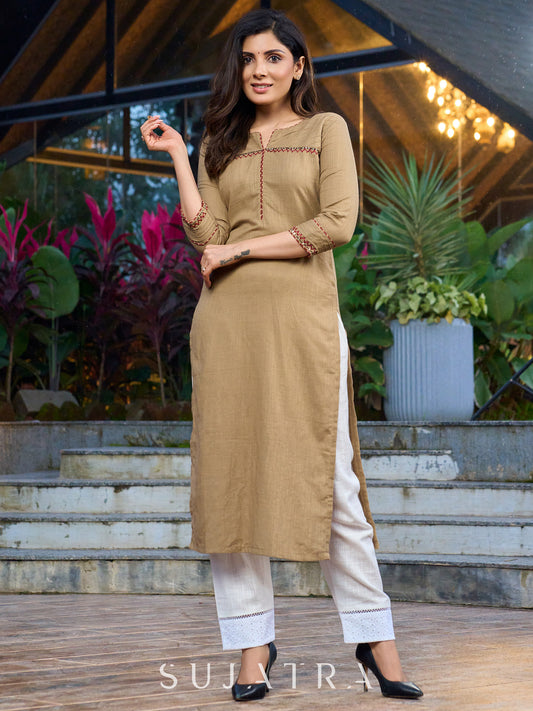 Hand-embroidered dark beige kurta featuring elegant pintuck detailing -pant optional