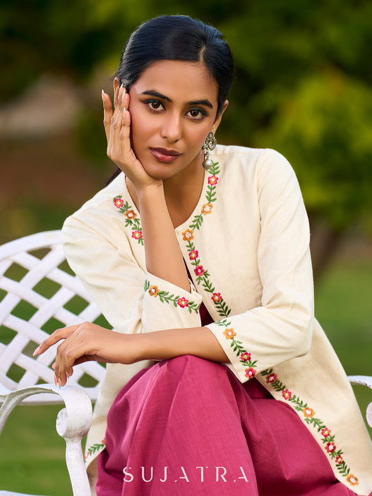 Off White Cotton Flex Open Front Jacket Adorned With Delicate Floral Embroidery On Neckline And Sleeves - Dress Optional