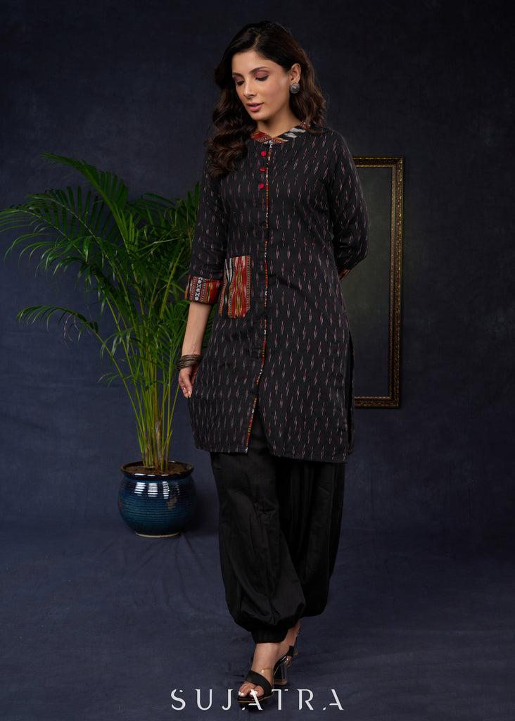 Stylish Black Cotton Ikat Tunic With Intricate Patterns - Pant Optional