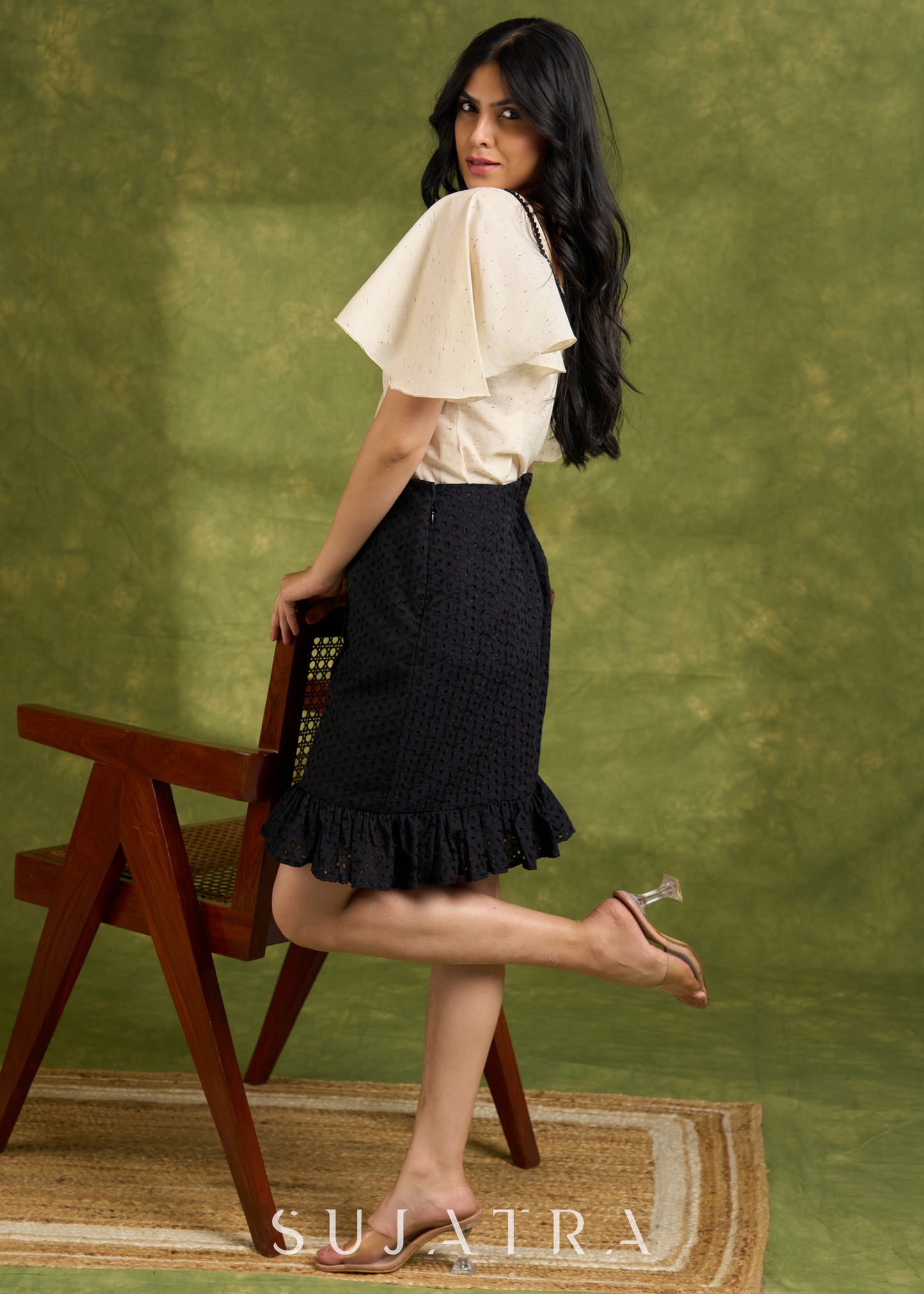 Textured Off White Cotton Top With Butterfly Sleeves - Hakoba Skirt Optional