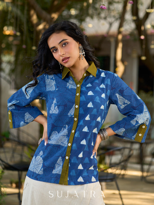 Indigo Contemporary Cotton Shirt with Geometric Pattern and Contrast Accents