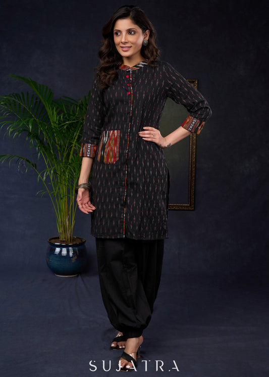 Stylish Black Cotton Ikat Tunic With Intricate Patterns - Pant Optional