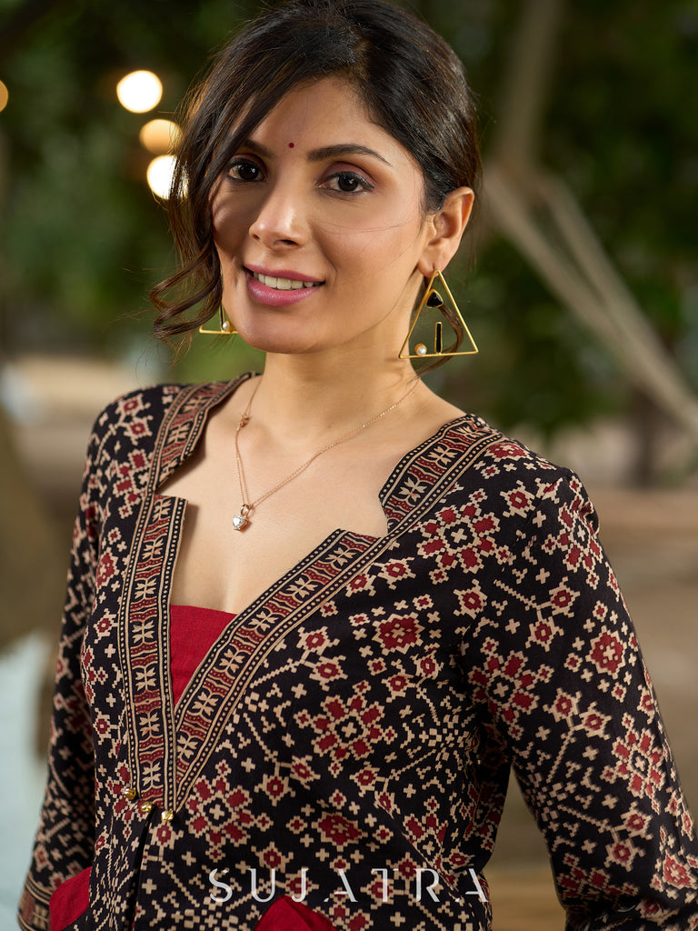 Geometrical Printed Ajrakh Kurta with Contrasting Maroon Highlights