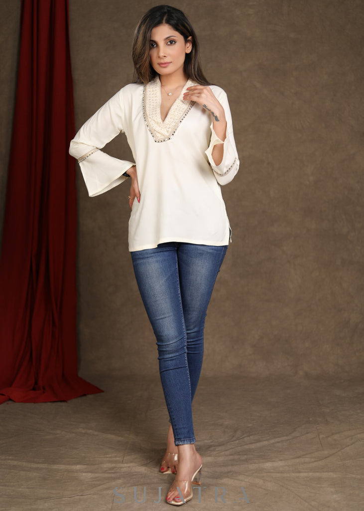 Off White Rayon Occasion Wear Top with Bell Sleeves & lace detaling