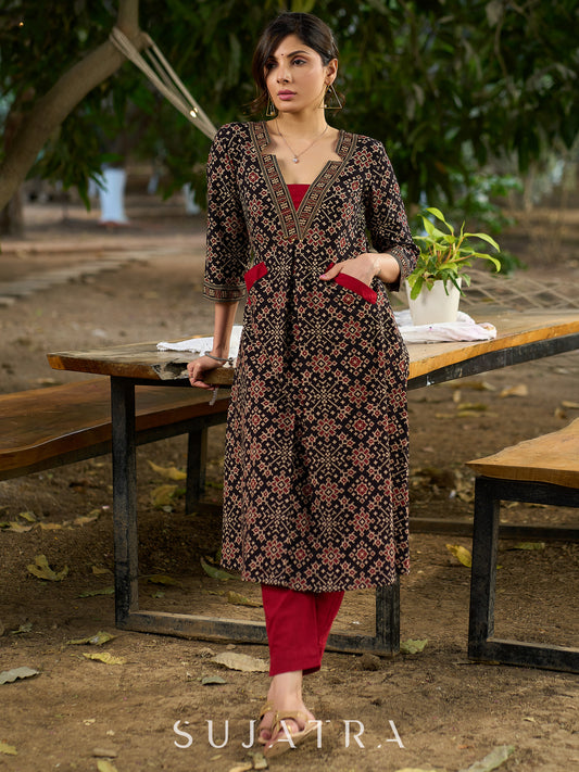Geometrical Printed Ajrakh Kurta with Contrasting Maroon Highlights