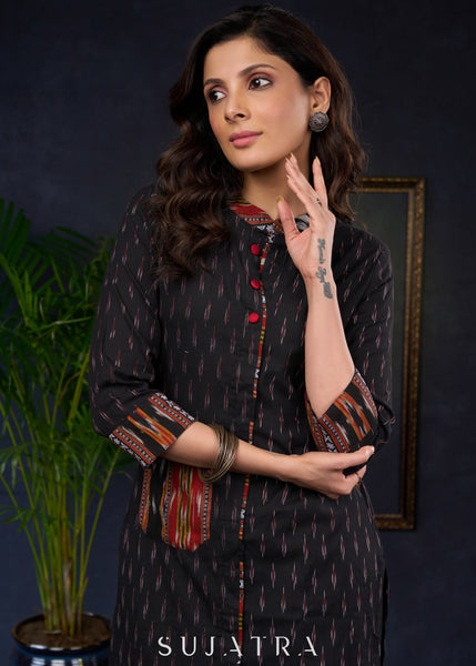 Stylish Black Cotton Ikat Tunic With Intricate Patterns - Pant Optional