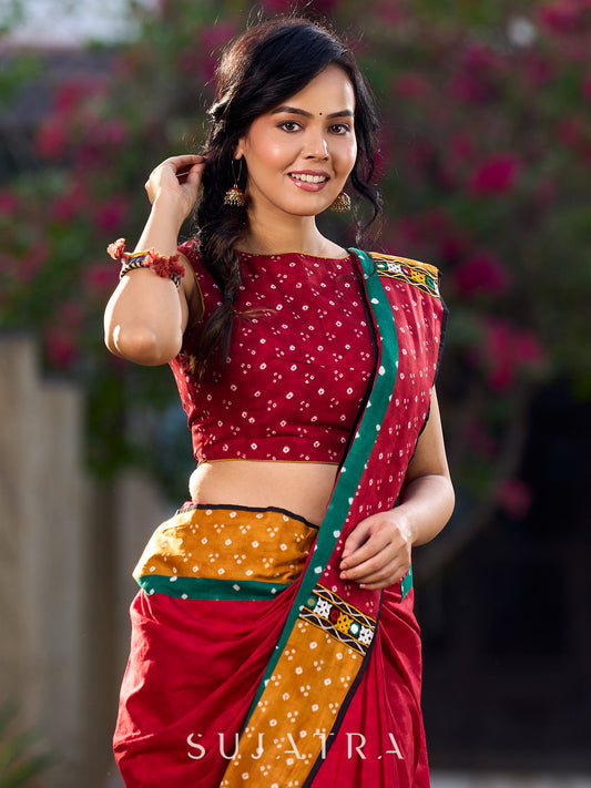 Maroon Jacquard Cotton Saree with Mustard & Red Bandhani Accents