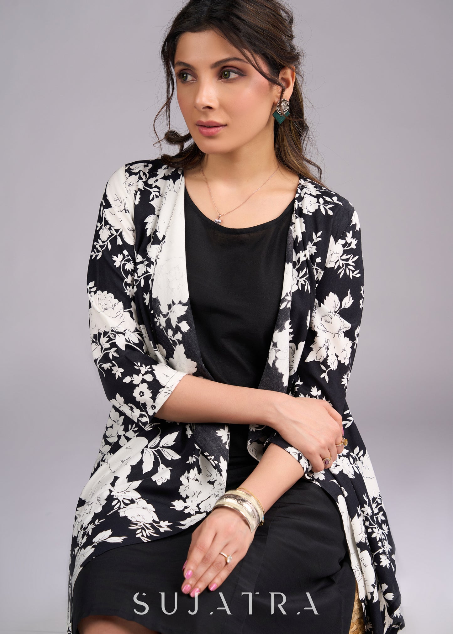 Timeless Monochrome Flowy Black and White Printed Viscose Shrug - Dress optional
