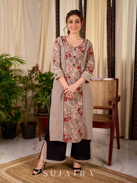 Earthy Beige Floral Leaf Print Cotton Kurta with Contrast Black Striped Panel