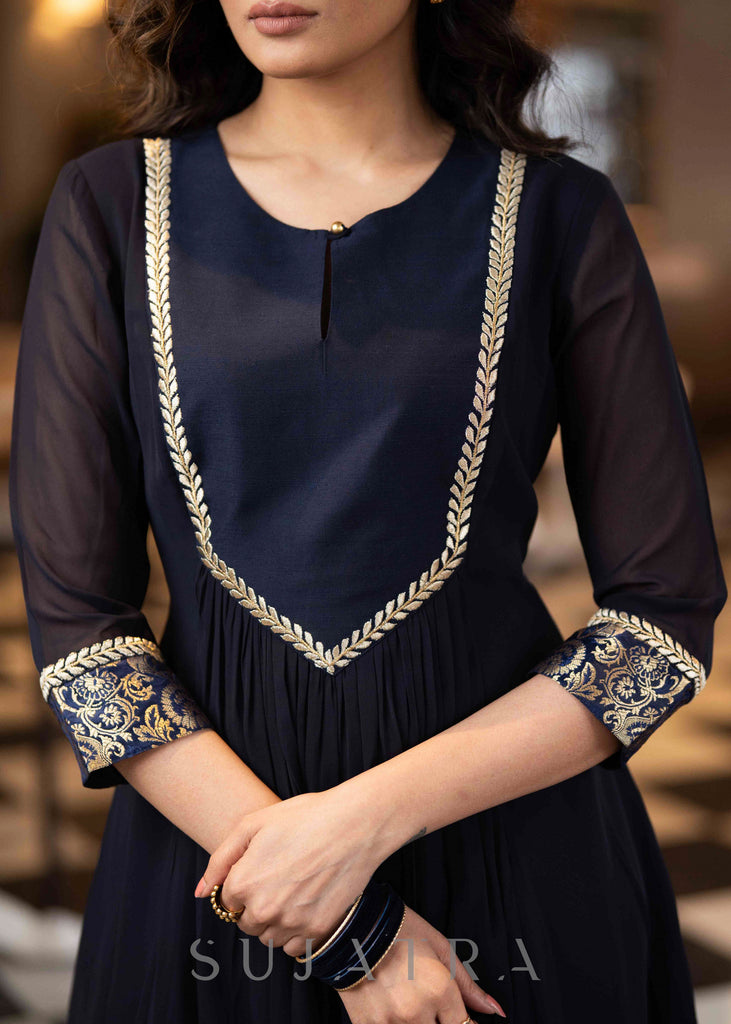 Trendy Navy Blue Cotton Silk & Georgette Kurta With Gold Embroidery On Yoke - Pant Optional