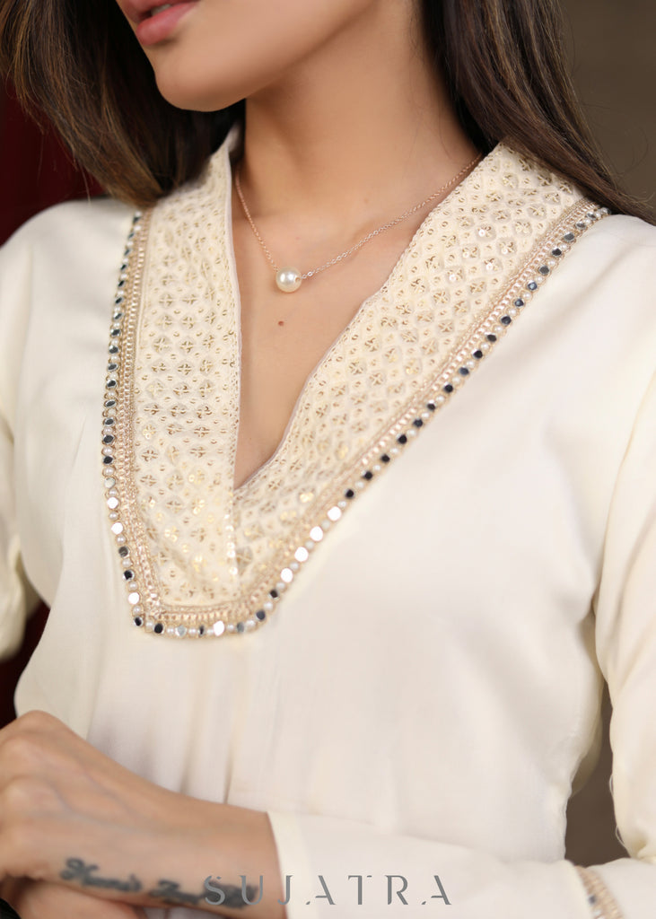 Off White Rayon Occasion Wear Top with Bell Sleeves & lace detaling