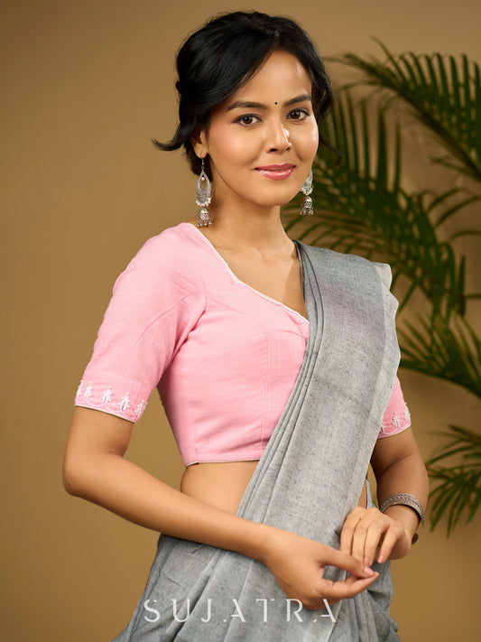 Elegant hand embroidered baby pink cotton blouse - Optional Plain Saree