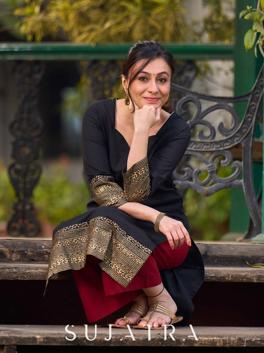 Black Cotton Kurta With Hand Block Printed Golden Border On Flare And Sleeves