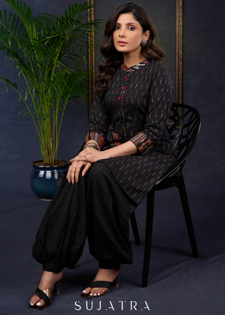 Stylish Black Cotton Ikat Tunic With Intricate Patterns - Pant Optional