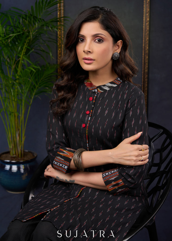 Stylish Black Cotton Ikat Tunic With Intricate Patterns - Pant Optional
