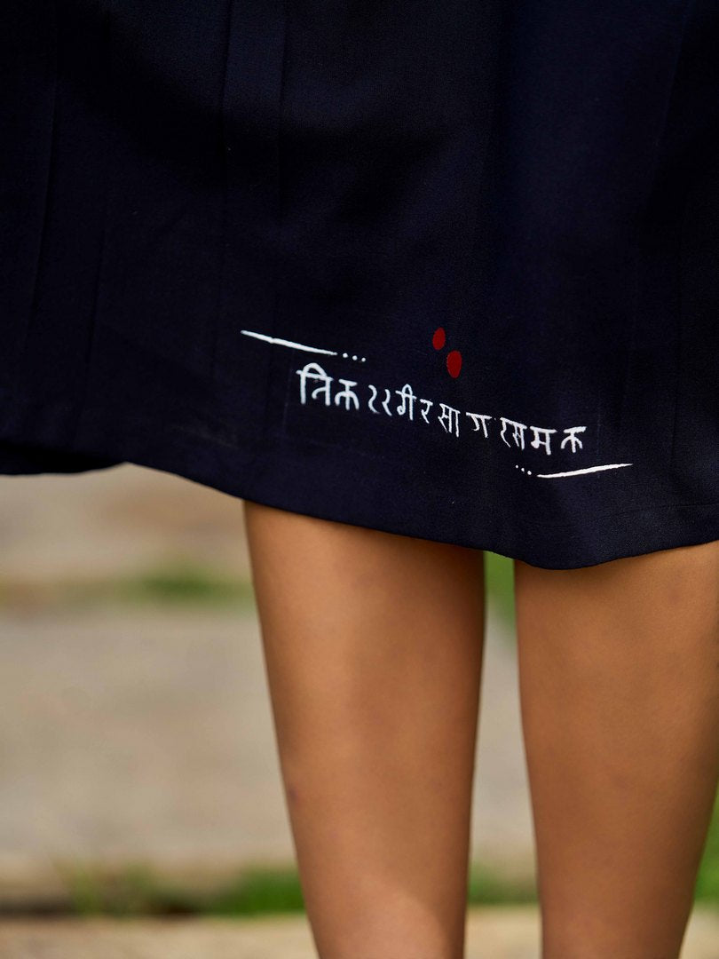 Graceful Black Rayon Pleated Dress with Script Art and Painted Hemline - Jacket Optional