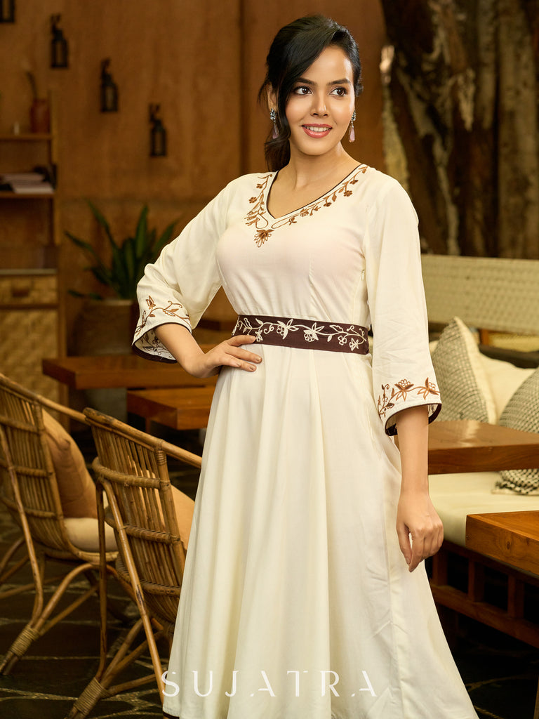 Radiant Ivory Embroidered Flare Dress with Statement Belt