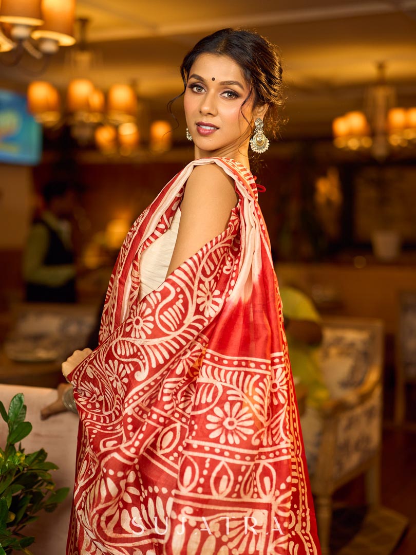 Cream and Red Pure Silk Saree with Ombre Effect and Kalamkari Printed Pallu & Border