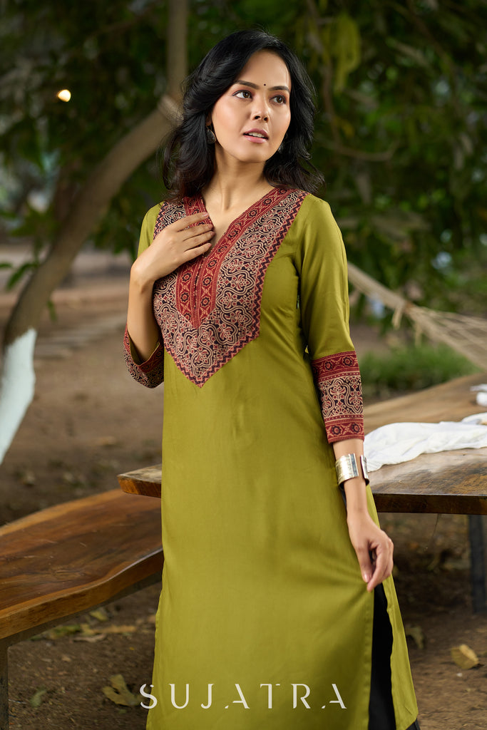 Chic Olive Green Rayon Kurta with Ajrakh Yoke and Sleeves