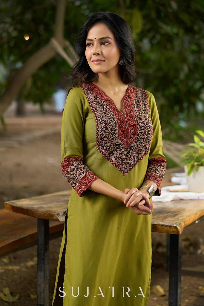 Chic Olive Green Rayon Kurta with Ajrakh Yoke and Sleeves