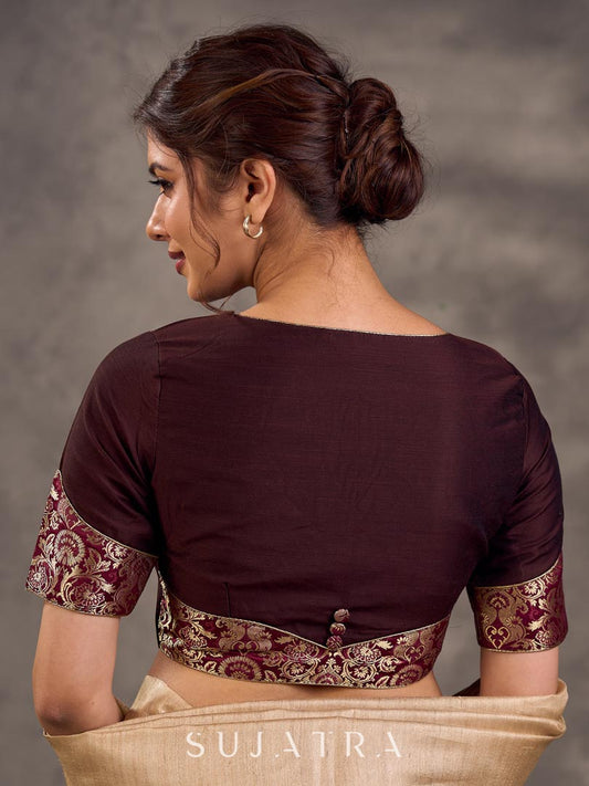 Dark Brown Cotton Silk Blouse with Short Sleeves, Benarasi Brocade Sleeve Panel and V Neckline