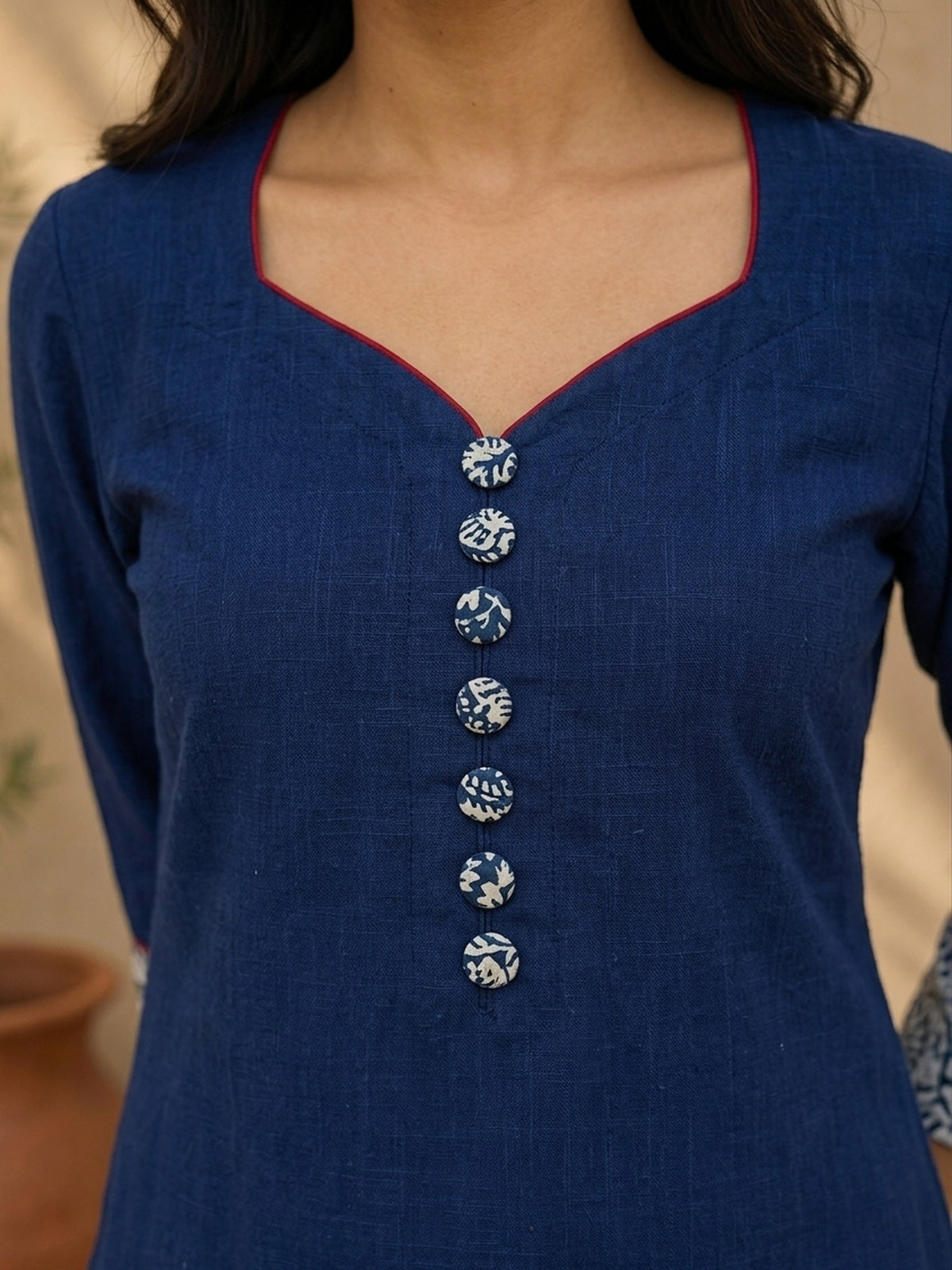 Classic Navy Straight Kurta Featuring Indigo Block Print Cuffs & Maroon Piping Detail