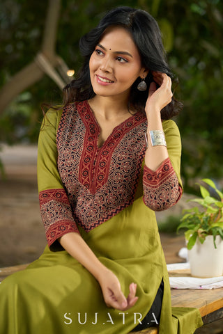 Chic Olive Green Rayon Kurta with Ajrakh Yoke and Sleeves