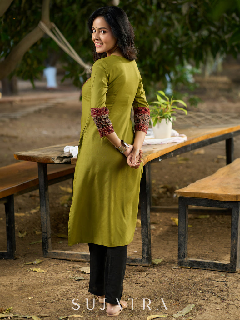 Chic Olive Green Rayon Kurta with Ajrakh Yoke and Sleeves