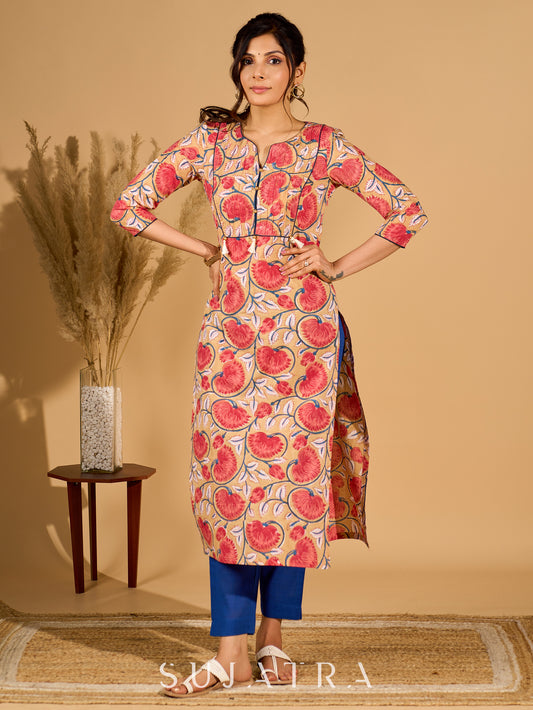 Classic Cream Mul Cotton Printed Kurta with Playful Tassels and Piping