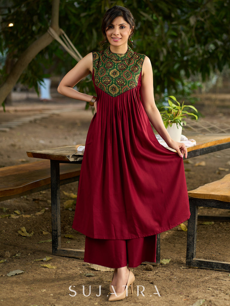 Maroon Halter Neck Kurta with Structured Pleats and Ajrakh Yoke