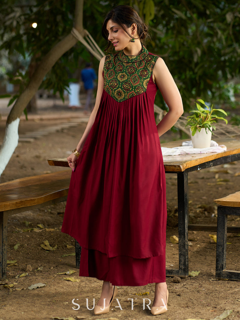 Maroon Halter Neck Kurta with Structured Pleats and Ajrakh Yoke