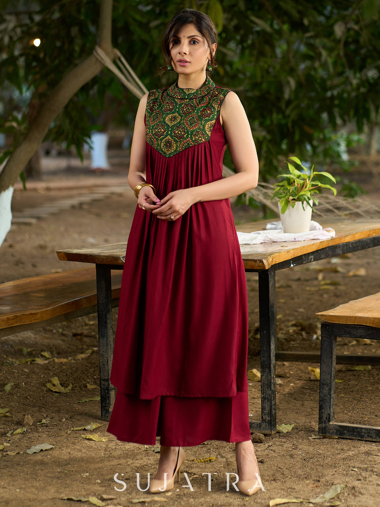 Maroon Halter Neck Kurta with Structured Pleats and Ajrakh Yoke