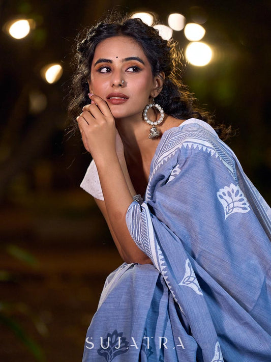 Graceful Slate Blue Cotton Saree with Delicate Floral Hand Block Print and Classic Border