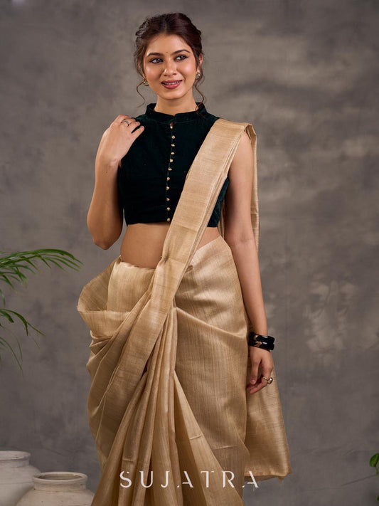 Handwoven Beige Pure Tussar Silk Saree