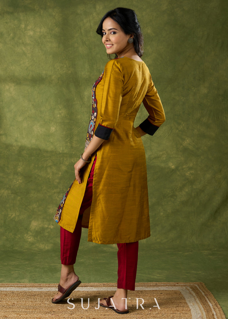 Elegant Mustard Cotton Silk Kalamkari Kurta - Pant Optional